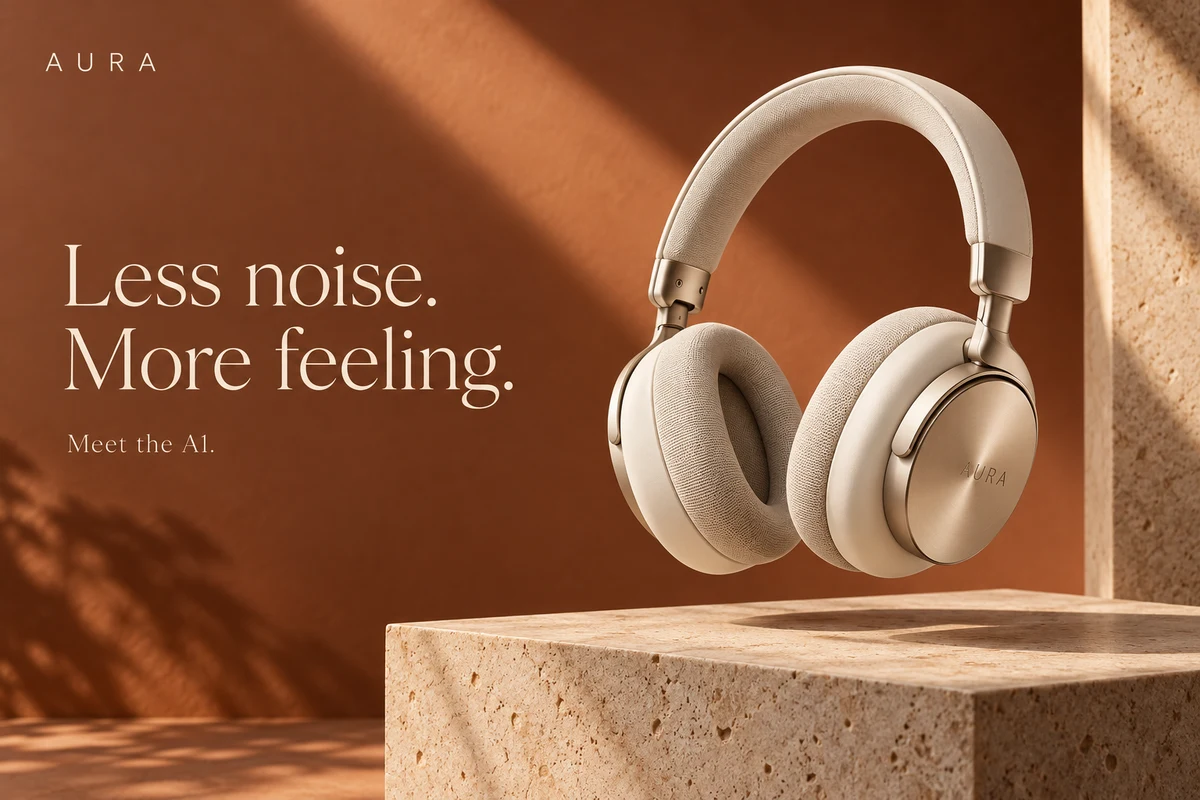 AURA A1 campaign: ivory headphones on warm terracotta, with the headline Less noise. More feeling.
